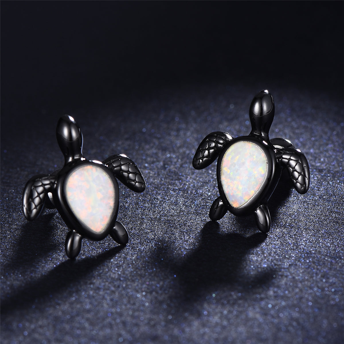 White Opal and Black Turtle Stud Earrings, stud earrings for women, botanical inspired, detail close-up
