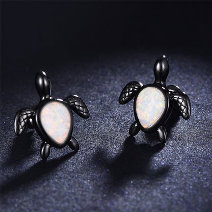 White Opal and Black Turtle Stud Earrings, stud earrings for women, botanical inspired, detail close-up