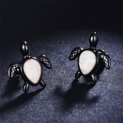 White Opal & Black Turtle Stud Earrings