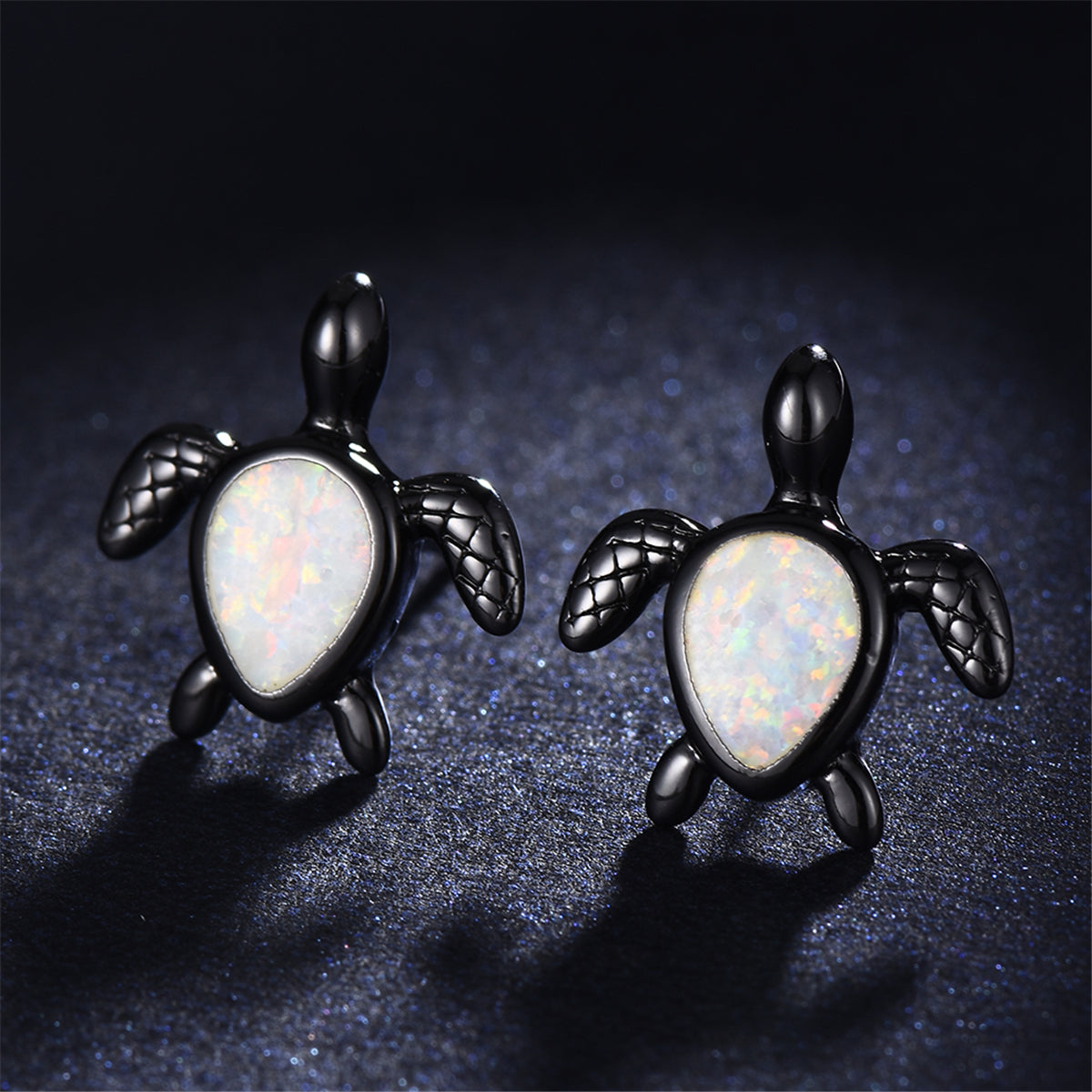 White Opal and Black Turtle Stud Earrings, stud earrings for women, botanical inspired, front view