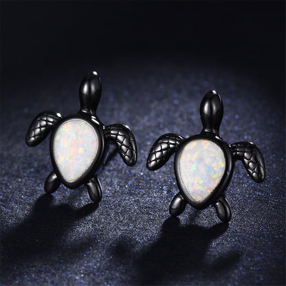 White Opal and Black Turtle Stud Earrings, stud earrings for women, botanical inspired, front view