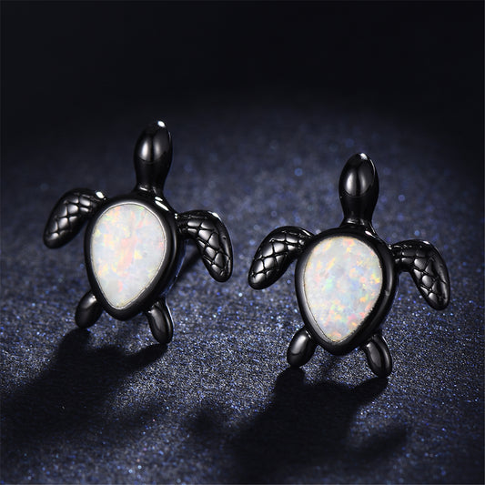 White Opal and Black Turtle Stud Earrings, stud earrings for women, botanical inspired, front view