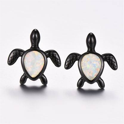 White Opal and Black Turtle Stud Earrings, stud earrings for women, botanical inspired, lifestyle look