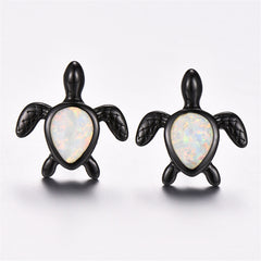 White Opal & Black Turtle Stud Earrings
