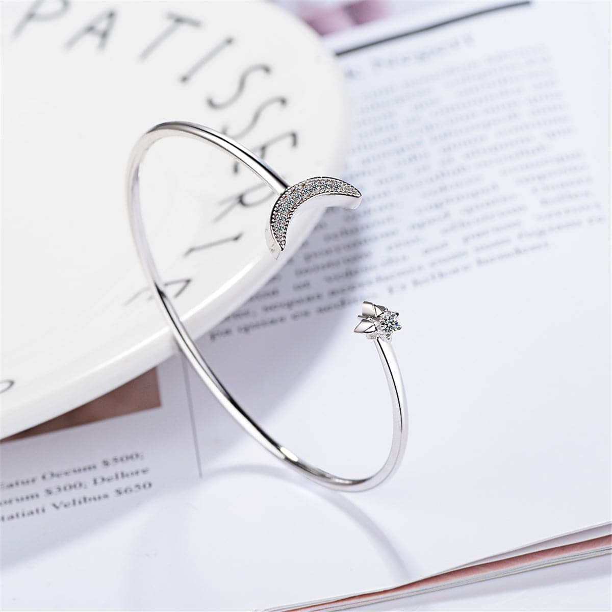 Cubic Zirconia & Silver-Plated Moon Star Cuff