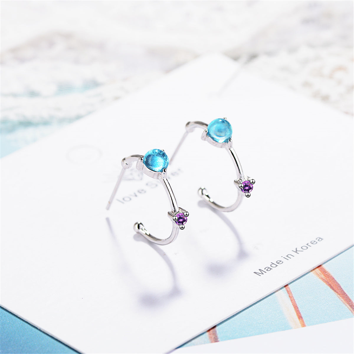 Blue Crystal and Cubic Zirconia Hoop Earrings, stud earrings for women, everyday style, side view