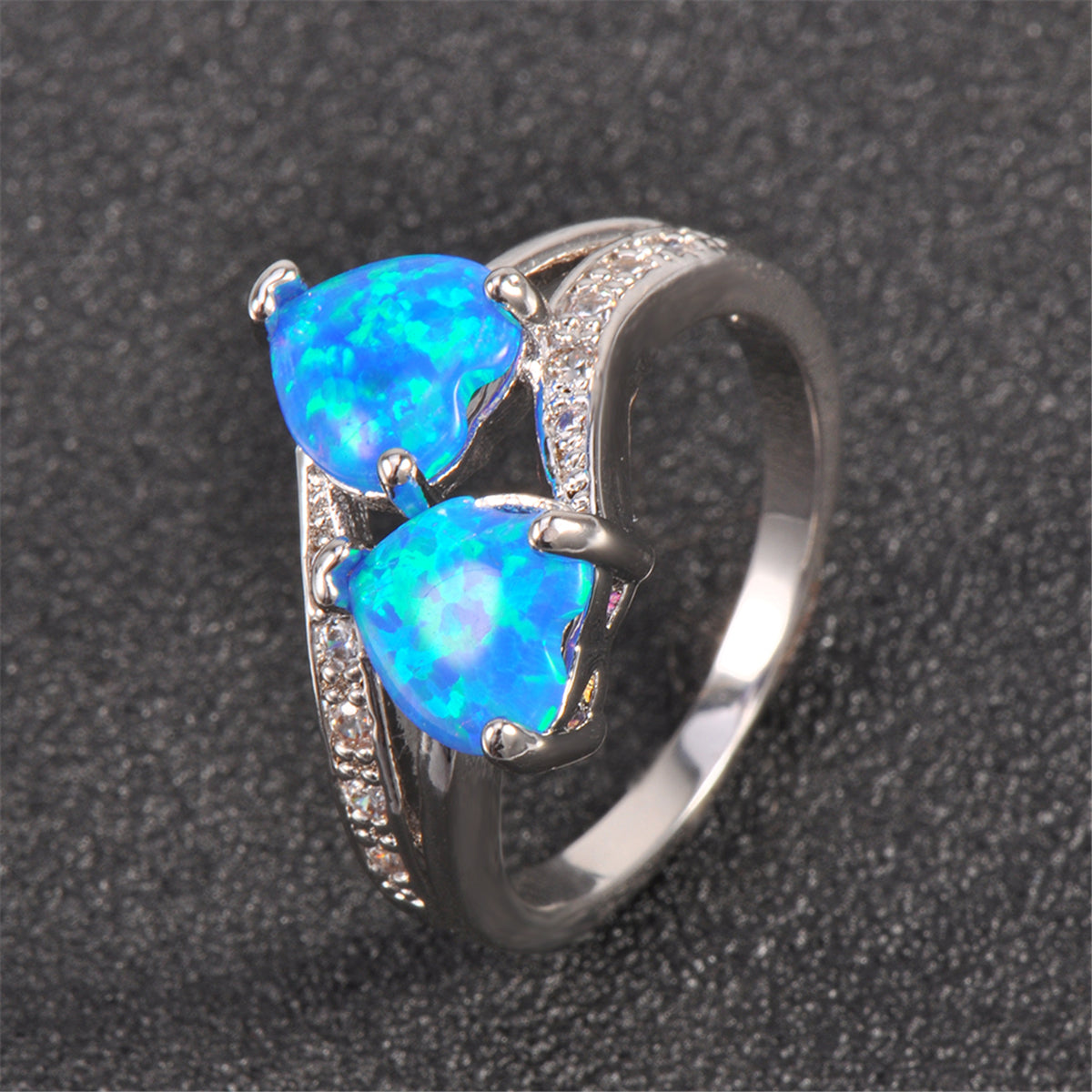 Blue Opal and Cubic Zirconia Double-Heart Ring, statement rings for women, elegant gift for her, styled look