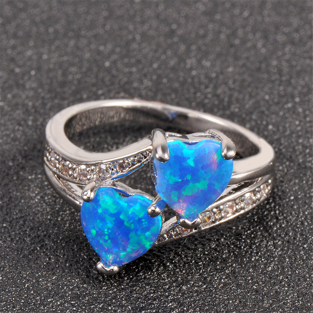 Blue Opal & Cubic Zirconia Double-Heart Ring