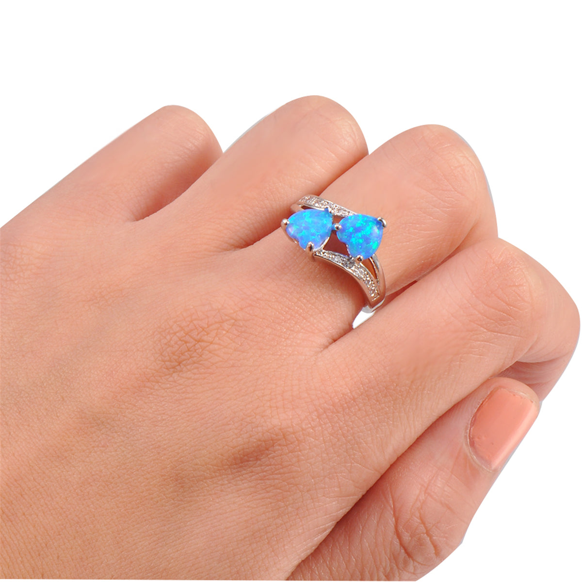 Blue Opal & Cubic Zirconia Double-Heart Ring
