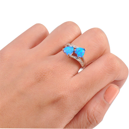 Blue Opal & Cubic Zirconia Double-Heart Ring