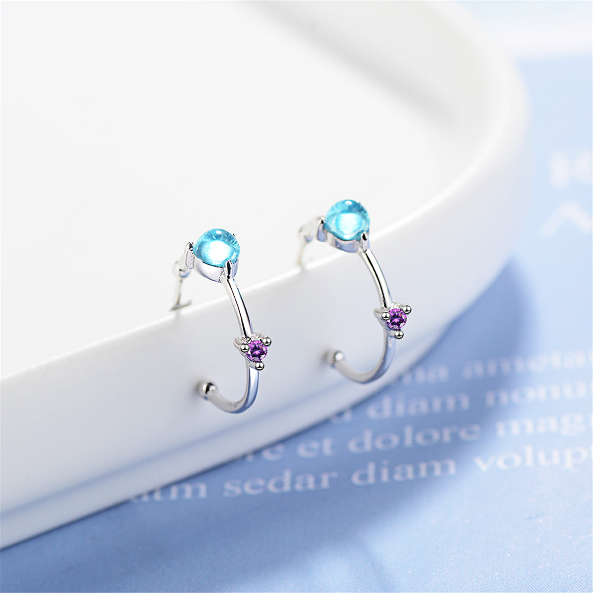 Blue Crystal and Cubic Zirconia Hoop Earrings, stud earrings for women, everyday style, detail close-up
