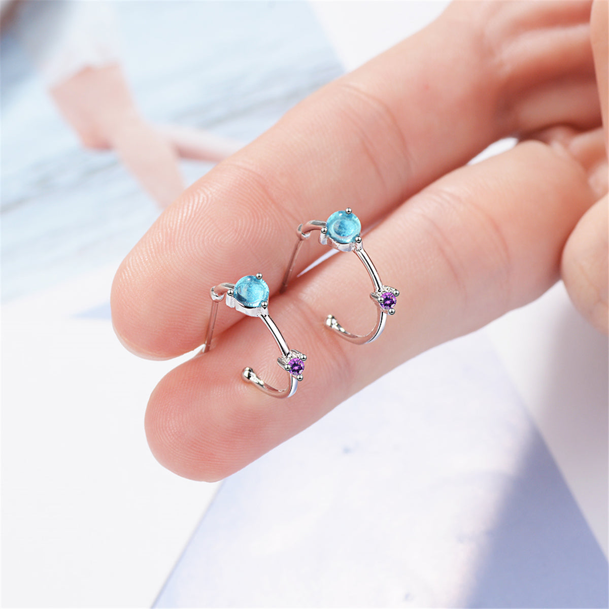 Blue Crystal and Cubic Zirconia Hoop Earrings, stud earrings for women, everyday style, styled look