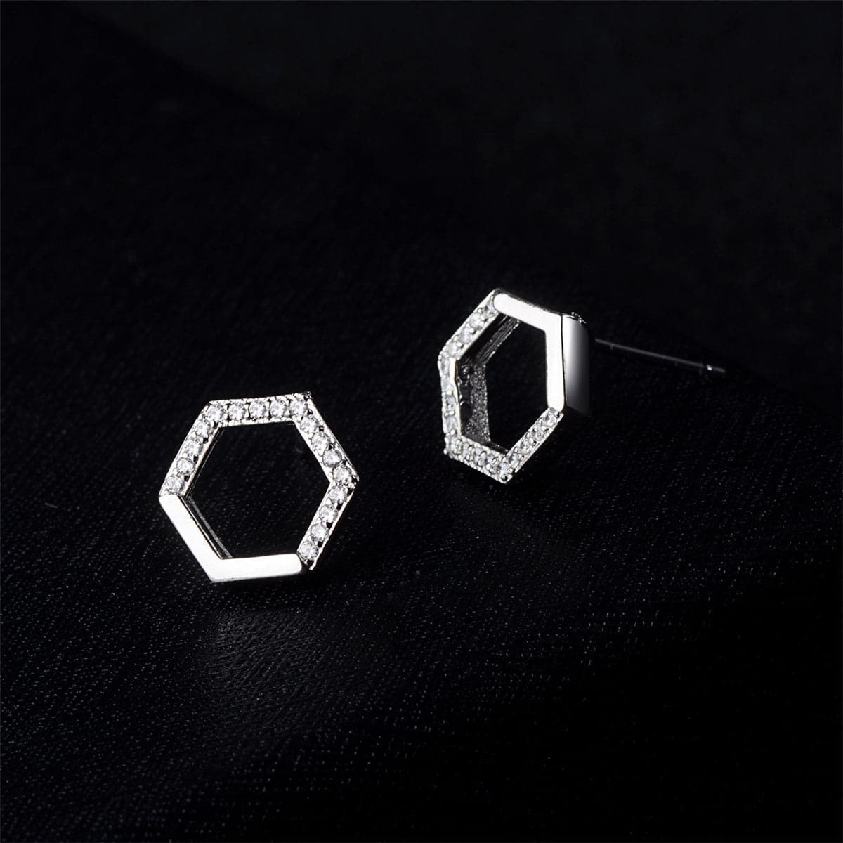 Cubic Zirconia & Silver-Plated Hexagon Stud Earrings