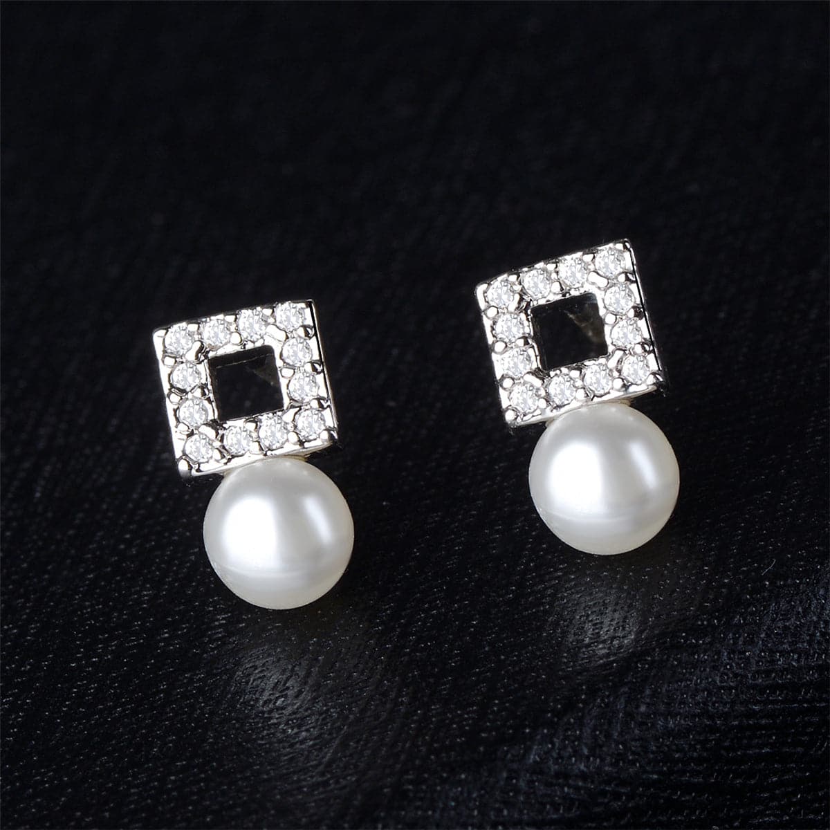 Pearl & Cubic Zirconia Square Stud Earrings