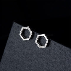 Cubic Zirconia & Silver-Plated Hexagon Stud Earrings