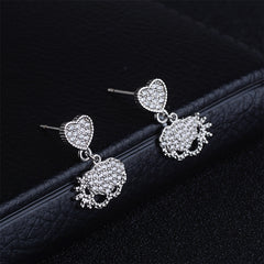 Cubic Zirconia & Silver-Plated Heart Charm Drop Earrings