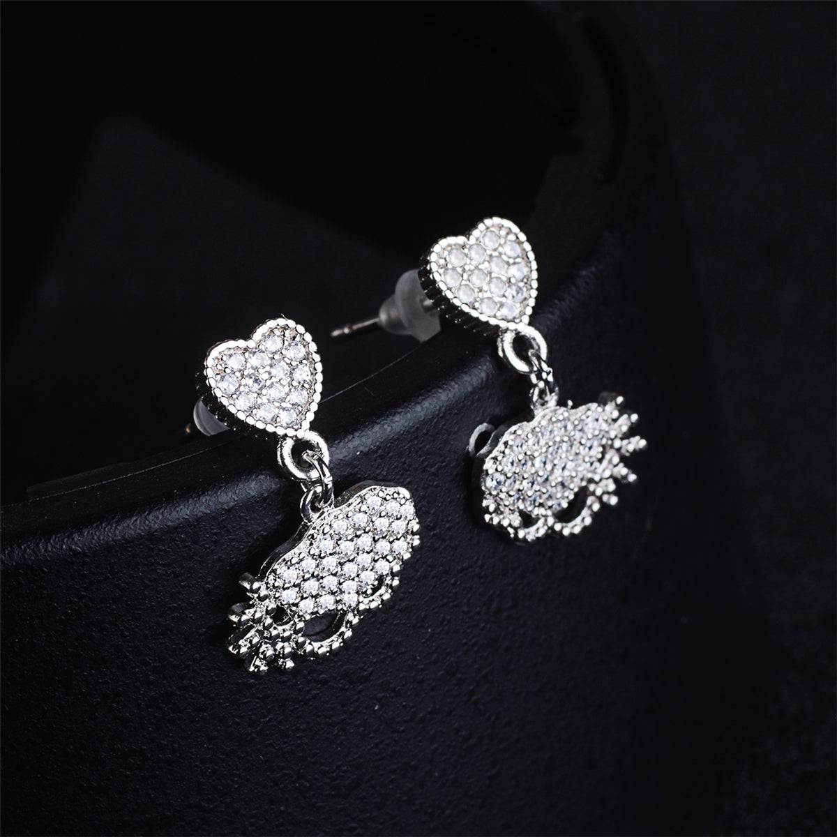 Cubic Zirconia & Silver-Plated Heart Charm Drop Earrings