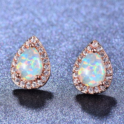 Cubic Zirconia and Opal Halo Teardrop Stud Earrings, stud earrings for women, everyday style, side view