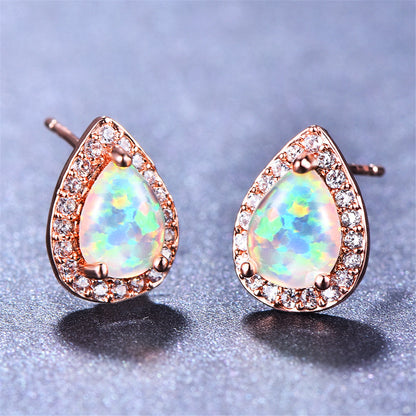 Cubic Zirconia and Opal Halo Teardrop Stud Earrings, stud earrings for women, everyday style, detail close-up