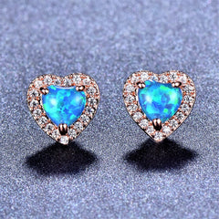 Blue Opal & Cubic Zirconia 18K Rose Gold-Plated Halo Heart Stud Earrings