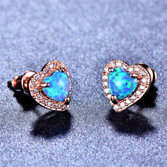 Blue Opal & Cubic Zirconia 18K Rose Gold-Plated Halo Heart Stud Earrings