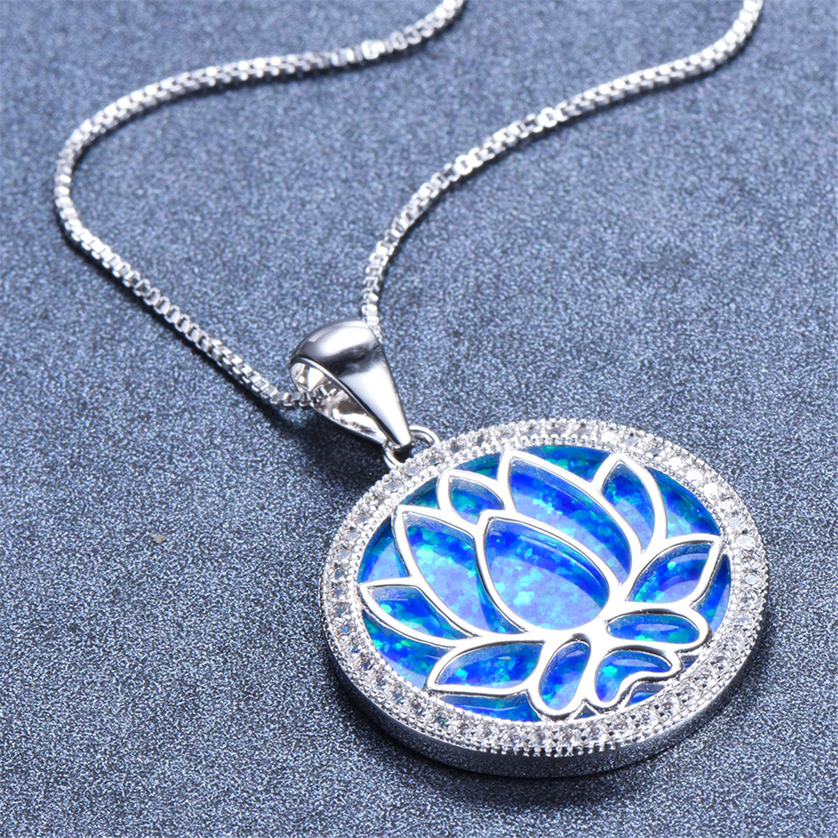 Blue Opal and Cubic Zirconia Round Lotus Pendant Necklace, pendant necklace for women, vintage-inspired design, front view