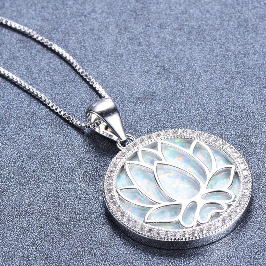Opal and Cubic Zirconia Round Lotus Pendant Necklace, pendant necklace for women, everyday style, front view