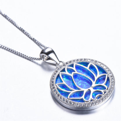 Blue Opal and Cubic Zirconia Round Lotus Pendant Necklace, pendant necklace for women, lifestyle look