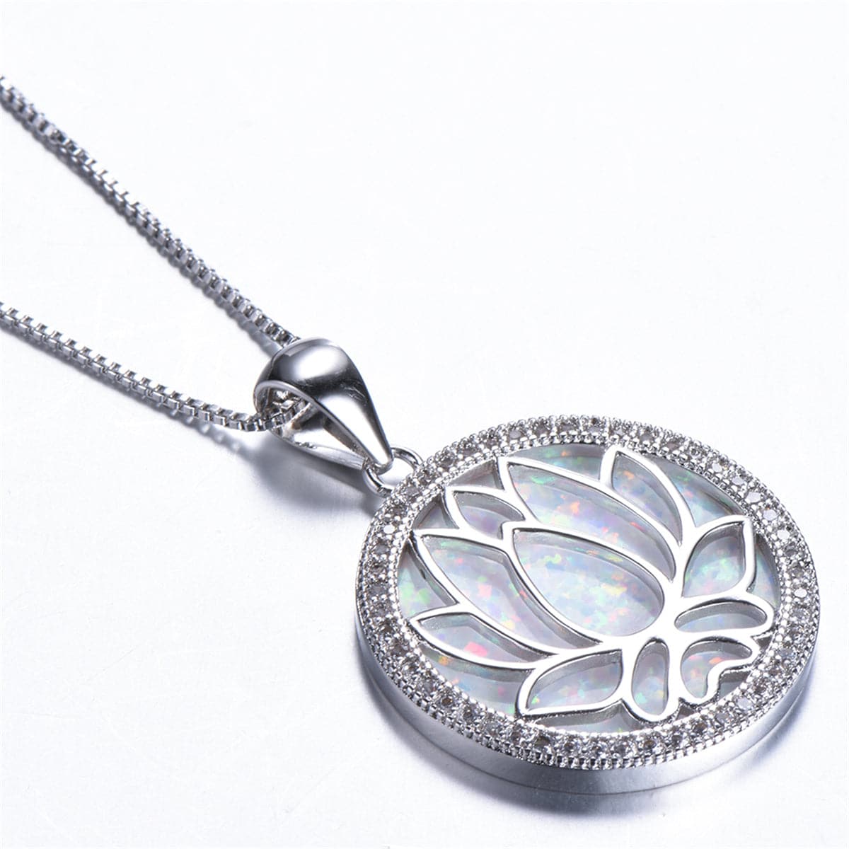 Opal & Cubic Zirconia Round Lotus Pendant Necklace