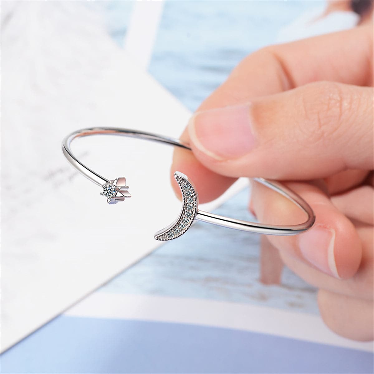 Cubic Zirconia & Silver-Plated Moon Star Cuff