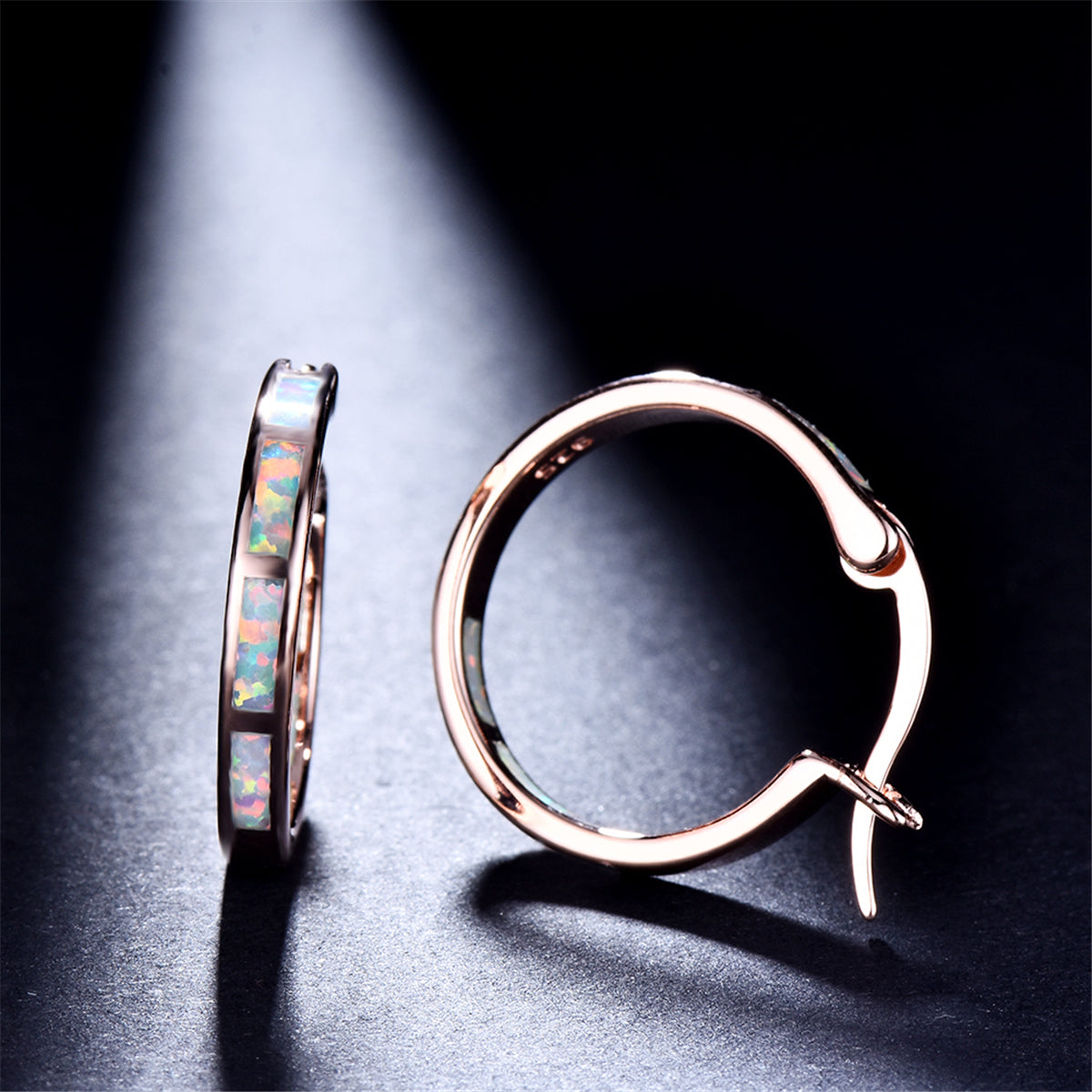 Opal and 18K Rose Gold-Plated Hoop Earrings, dainty minimalist design, detail close-up