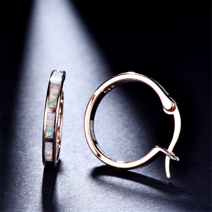 Opal and 18K Rose Gold-Plated Hoop Earrings, dainty minimalist design, detail close-up