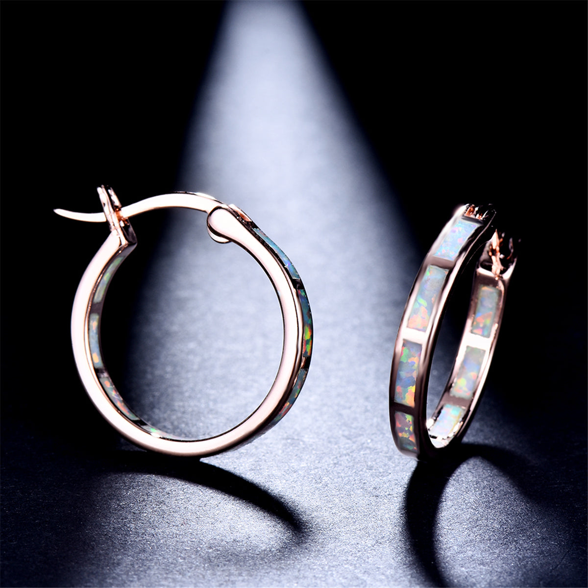 Opal and 18K Rose Gold-Plated Hoop Earrings, dainty minimalist design, lifestyle look