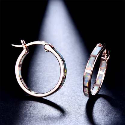 Opal and 18K Rose Gold-Plated Hoop Earrings, dainty minimalist design, lifestyle look