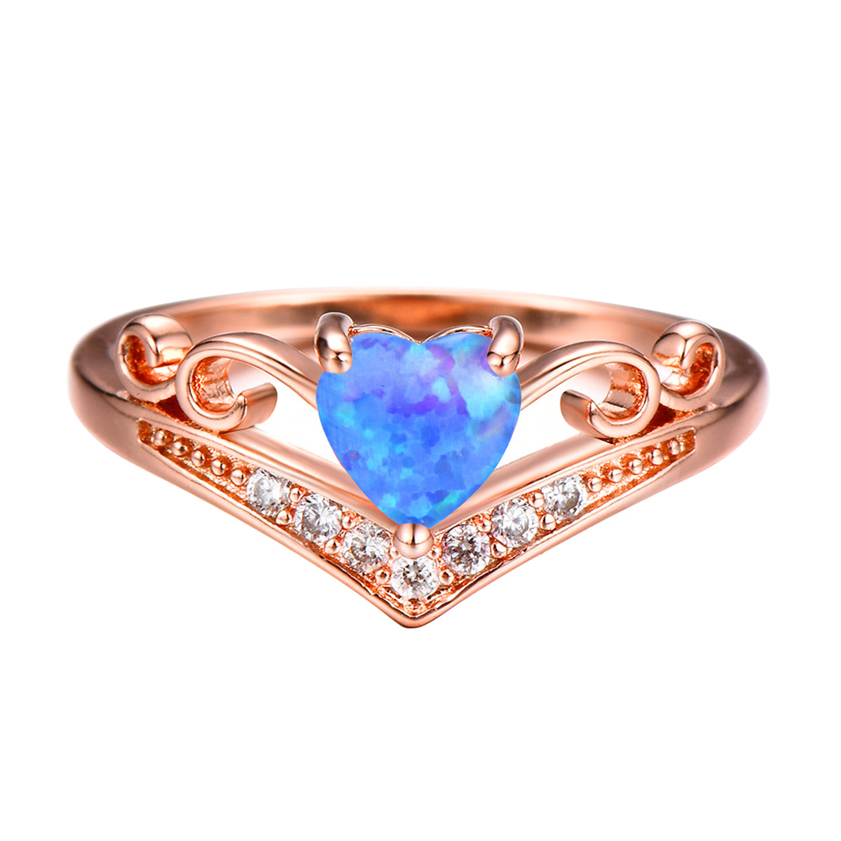Blue Opal and Cubic Zirconia Heart Crown Ring, statement rings for women, everyday style, side view
