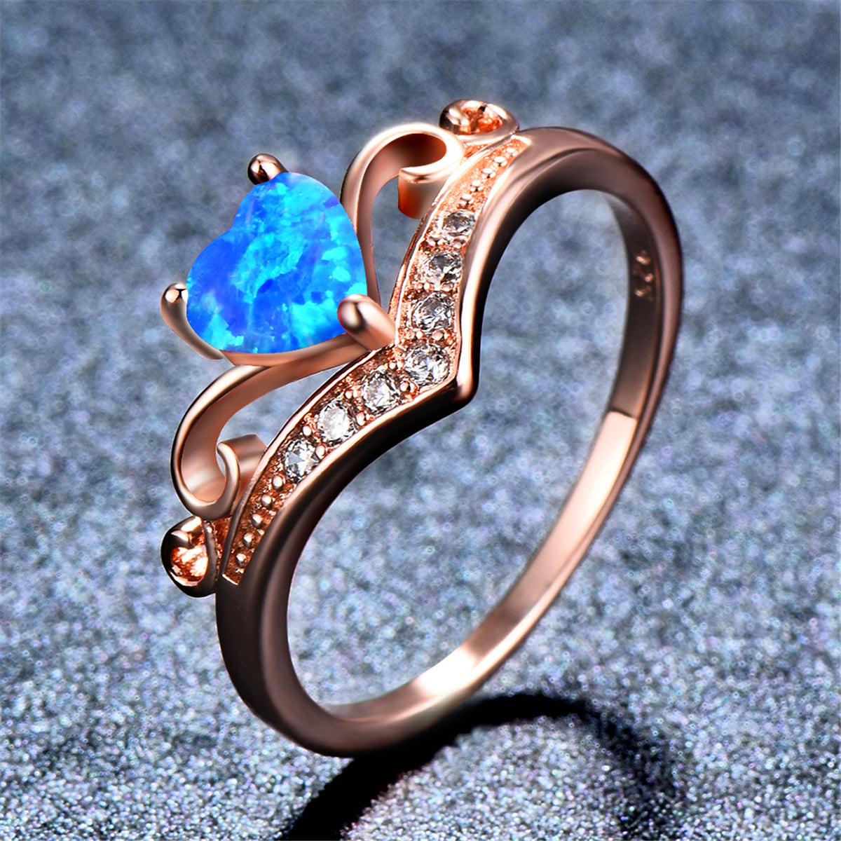 Blue Opal and Cubic Zirconia Heart Crown Ring, statement rings for women, everyday style, detail close-up