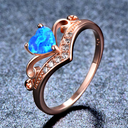 Blue Opal and Cubic Zirconia Heart Crown Ring, statement rings for women, everyday style, detail close-up