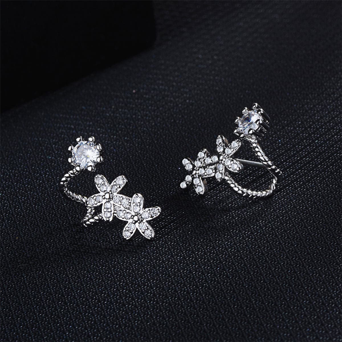 Cubic Zirconia & Silver-Plated Flower Ear Climbers