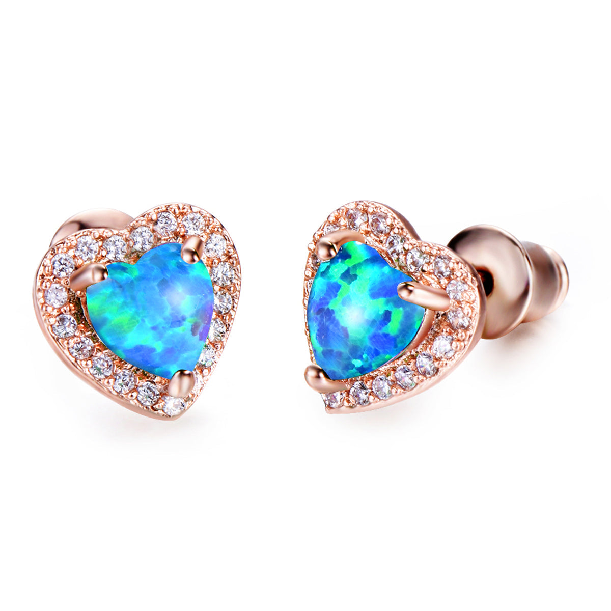 Blue Opal & Cubic Zirconia 18K Rose Gold-Plated Halo Heart Stud Earrings