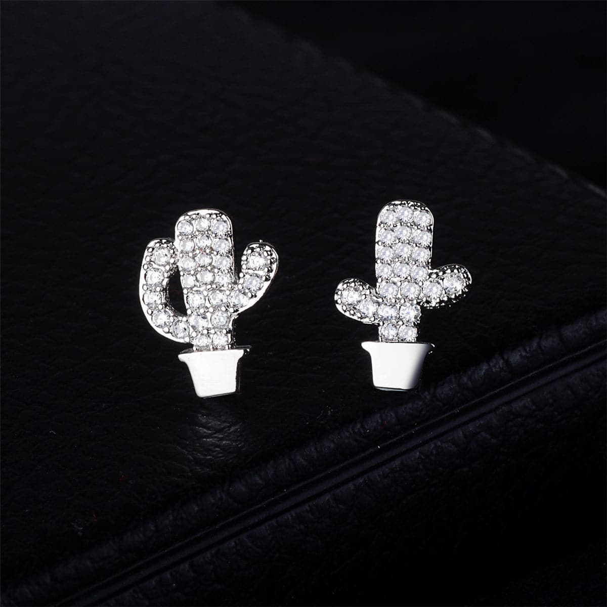 Cubic Zirconia & Silver-Plated Potted Cactus Stud Earrings