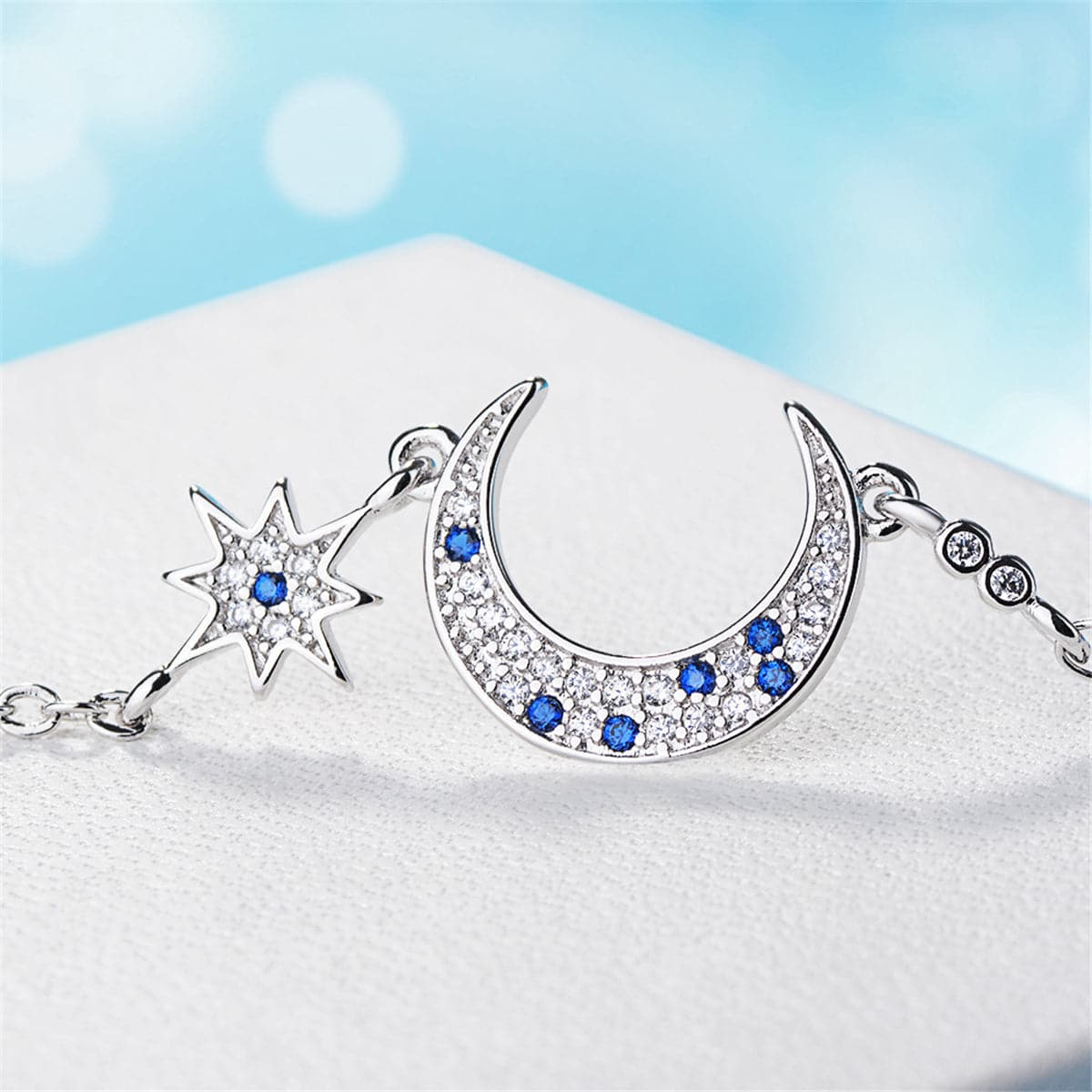 Blue Crystal & Silver-Plated Star & Crescent Moon Bracelet - streetregion