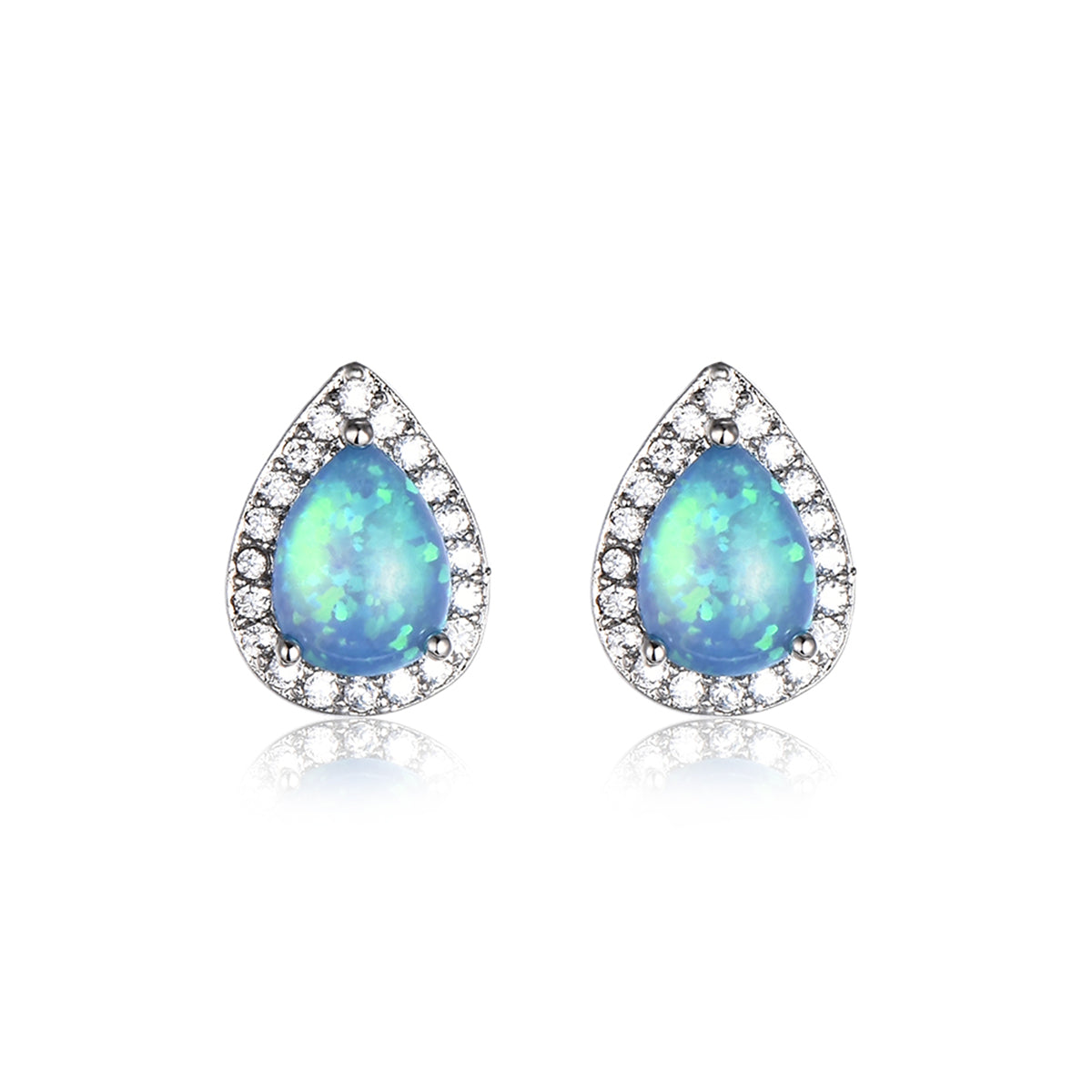 Blue Opal and Cubic Zirconia Teardrop Cushion Stud Earrings, stud earrings for women, everyday style, detail close-up