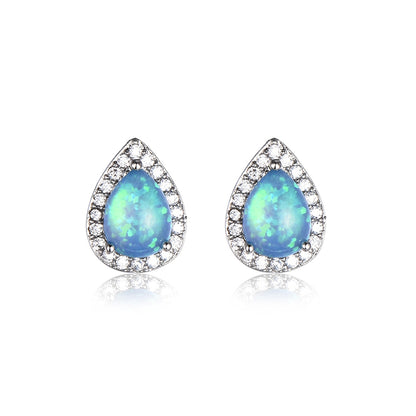 Blue Opal and Cubic Zirconia Teardrop Cushion Stud Earrings, stud earrings for women, everyday style, detail close-up