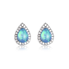 Blue Opal & Cubic Zirconia Teardrop Cushion Stud Earrings