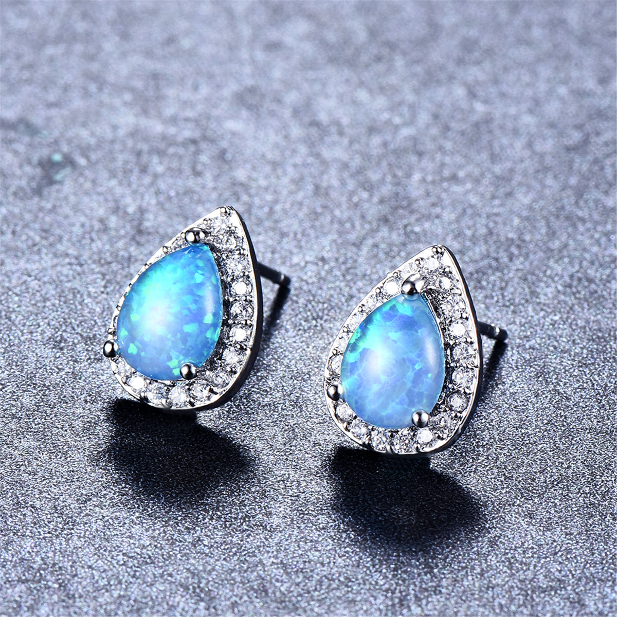 Blue Opal and Cubic Zirconia Teardrop Cushion Stud Earrings, stud earrings for women, everyday style, side view