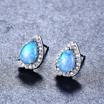 Blue Opal and Cubic Zirconia Teardrop Cushion Stud Earrings, stud earrings for women, everyday style, side view