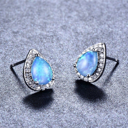 Blue Opal and Cubic Zirconia Teardrop Cushion Stud Earrings, stud earrings for women, everyday style, styled look