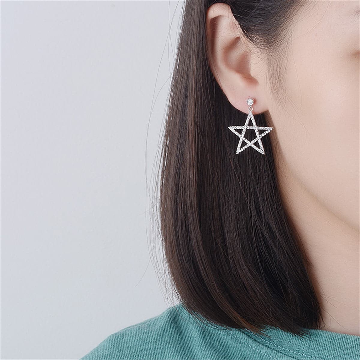 Cubic Zirconia & Silver-Plated Openwork Star Drop Earrings