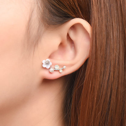 Shell and Pearl Silver-Plated Floral Ear Climbers, silver stud earrings for women, vintage-inspired design, styled look