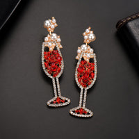 Red Imitation Pearl & Cubic Zirconia Wine Glass Drop Earrings